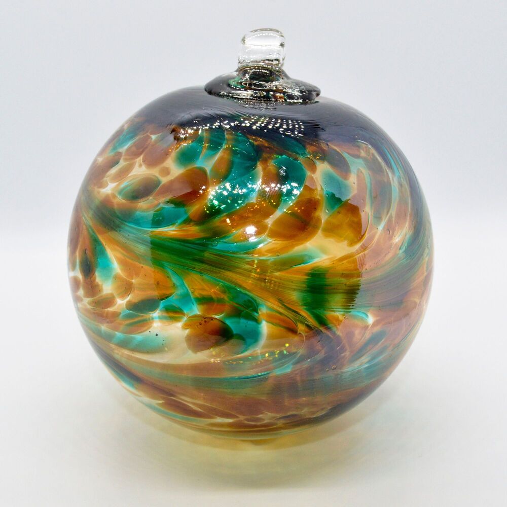 2 Sisters Artisan Glass 4" Amber & Green Speckled Blown Glass Ornament